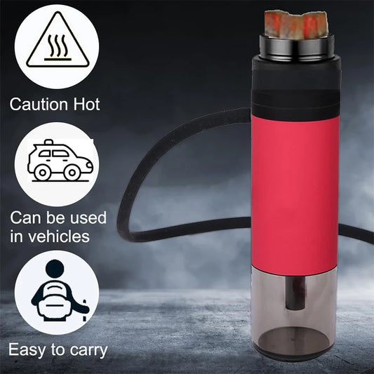 Red and black electric pepper grinder with usage instructions on a dark background