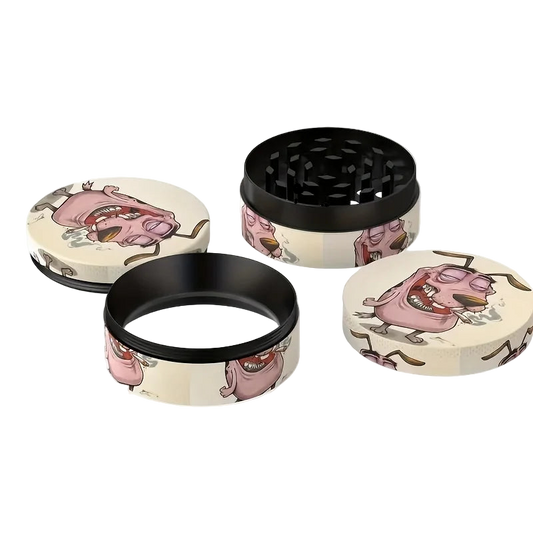 Four-part black and white grinder with cartoon dog design.