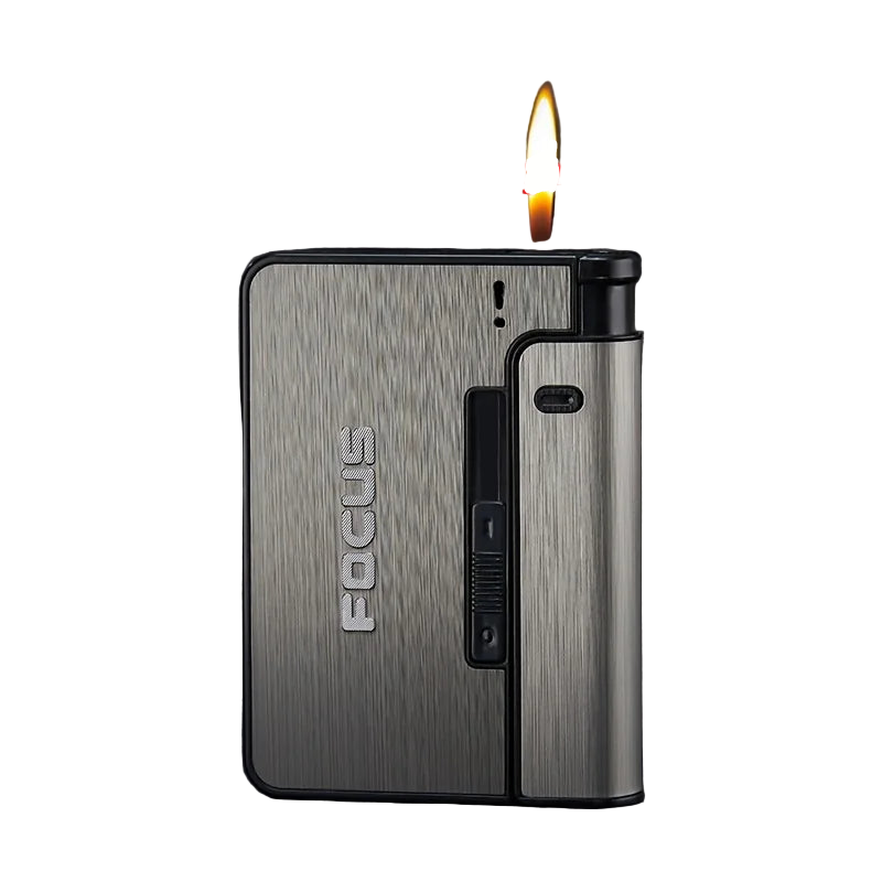 A collection of men's fashion cigarette cases in various colors, displayed horizontally with lit cigarettes on top of each case.