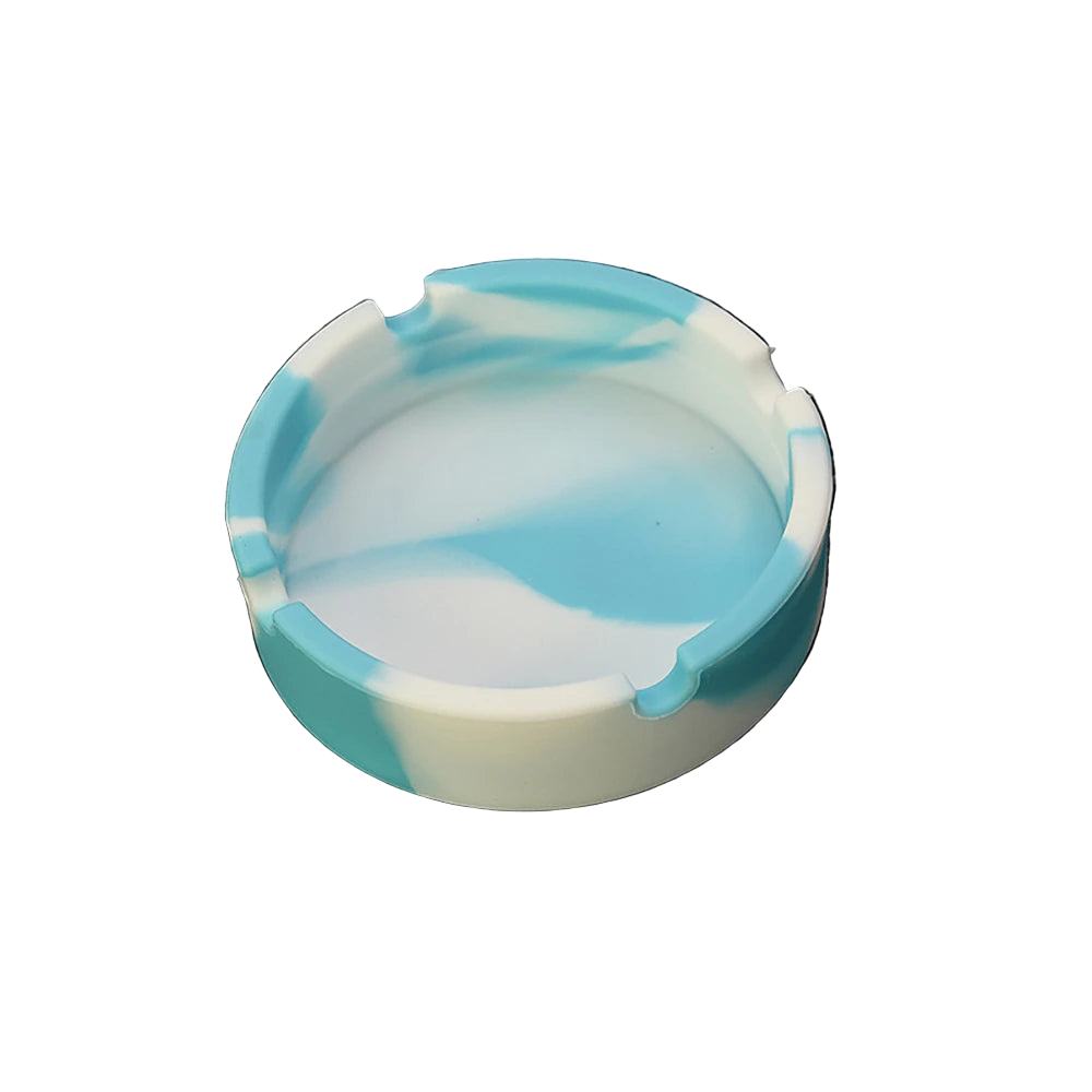 A collection of silicone ashtrays in various solid colors and camouflage patterns.