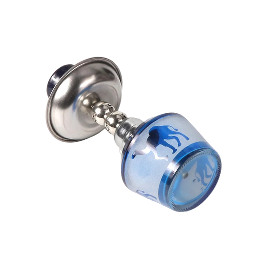 A blue mini hookah with a camel design on the base, a frosted glass body, and a single hose.