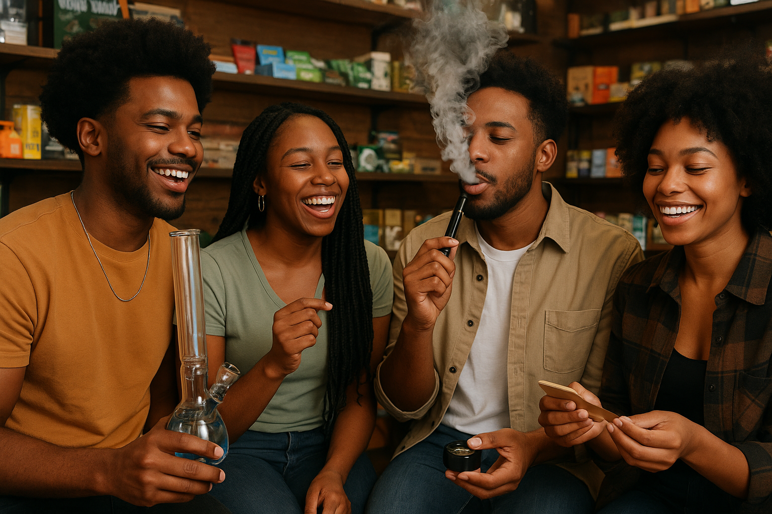 Four friends sitting together in a store, laughing and interacting with each other while smoking a bong and pen with rolling papers.