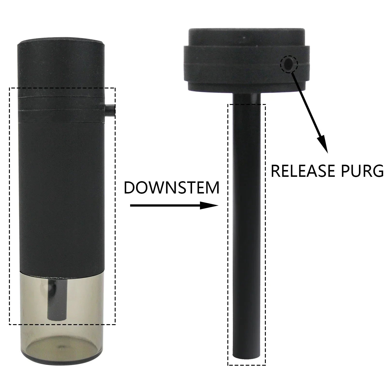 Black and clear cylindrical portable hookah with labeled parts on a white background