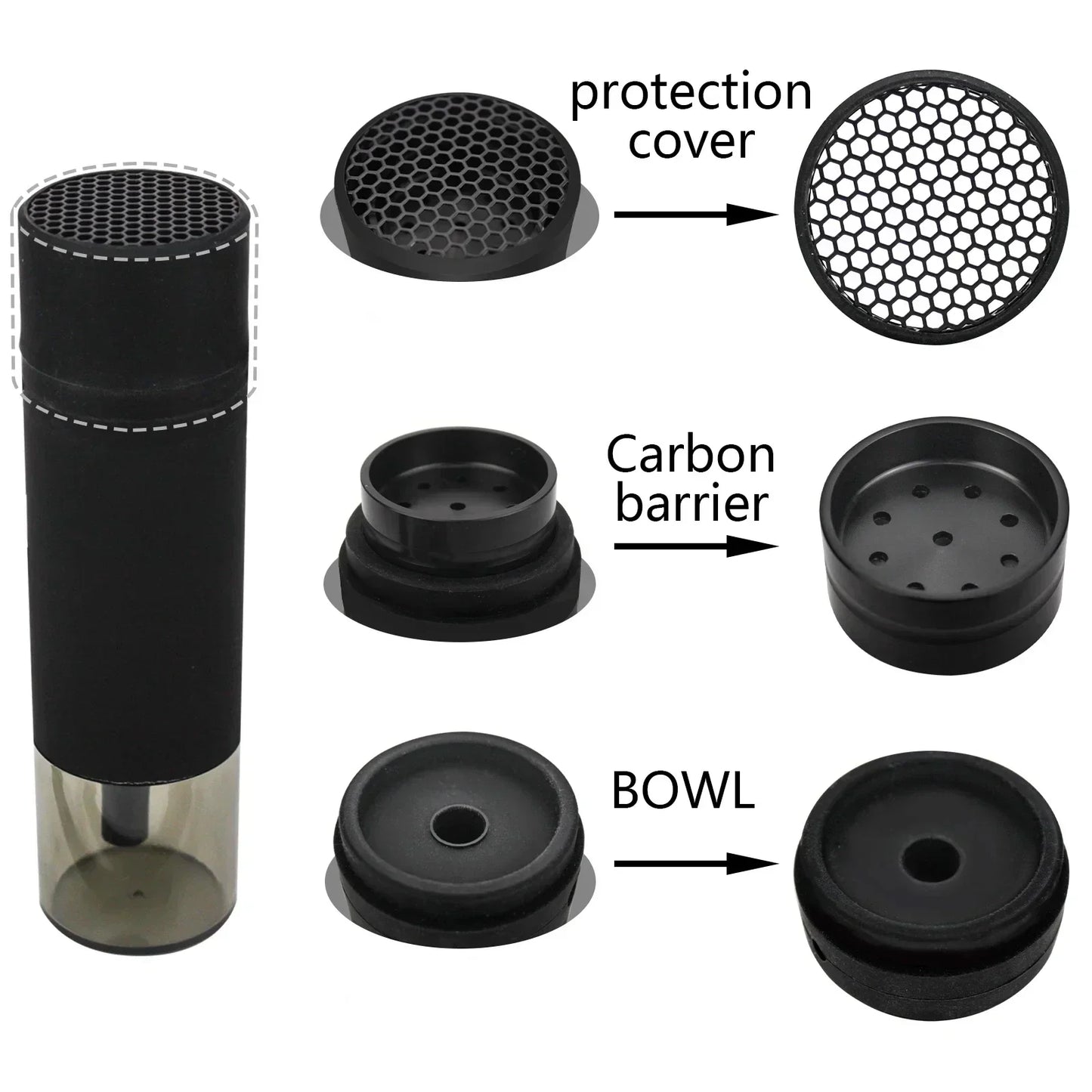 Black portable hookah smoking accessory with labeled parts on a white background