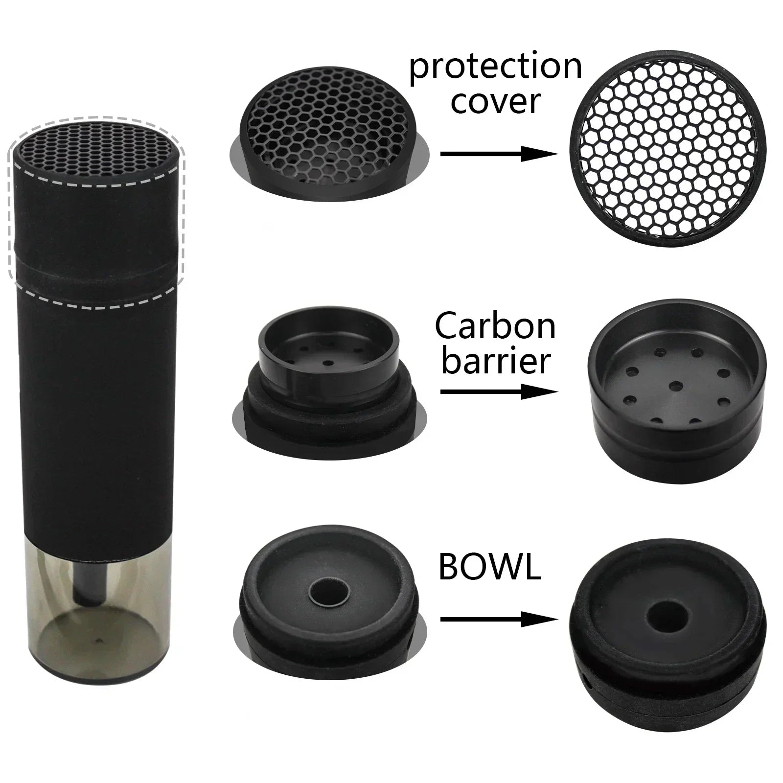 Black portable hookah smoking accessory with labeled parts on a white background
