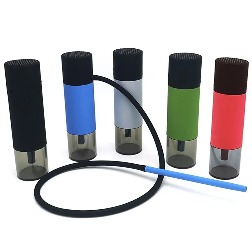 Set of five colorful hookahs with black hoses on a white background