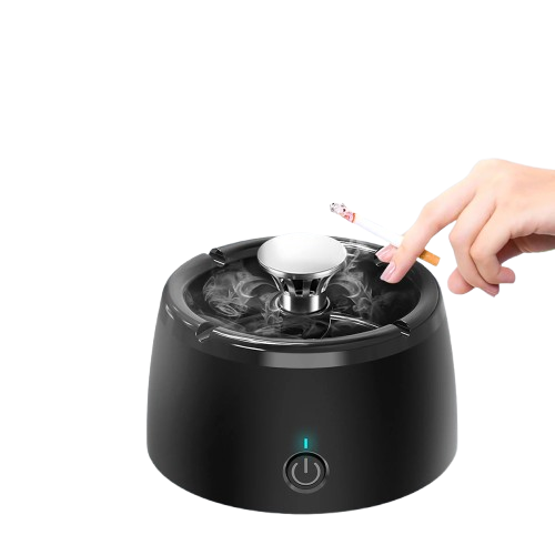 A black PureSmoke Smart Ashtray with air purification features, including a visible filter and a humidifier function, 