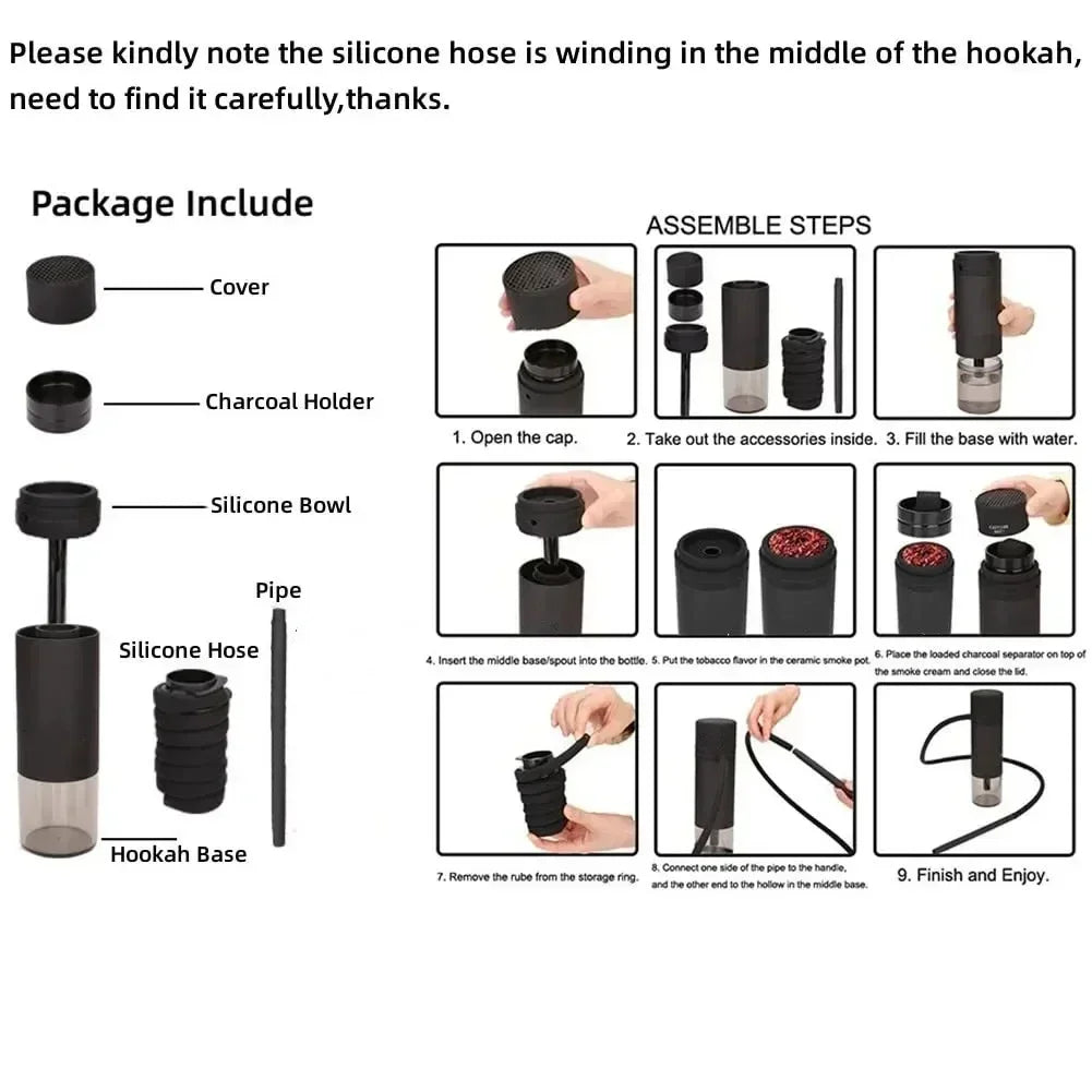 Assembly instructions for a hookah with labeled parts and step-by-step assembly process.
