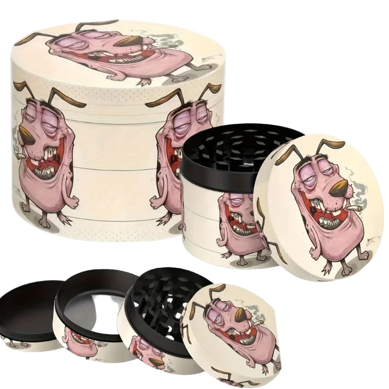 A set of zinc alloy herb grinder with a cartoon dog design, showing multiple components including the grinding parts and a magnetic lid.