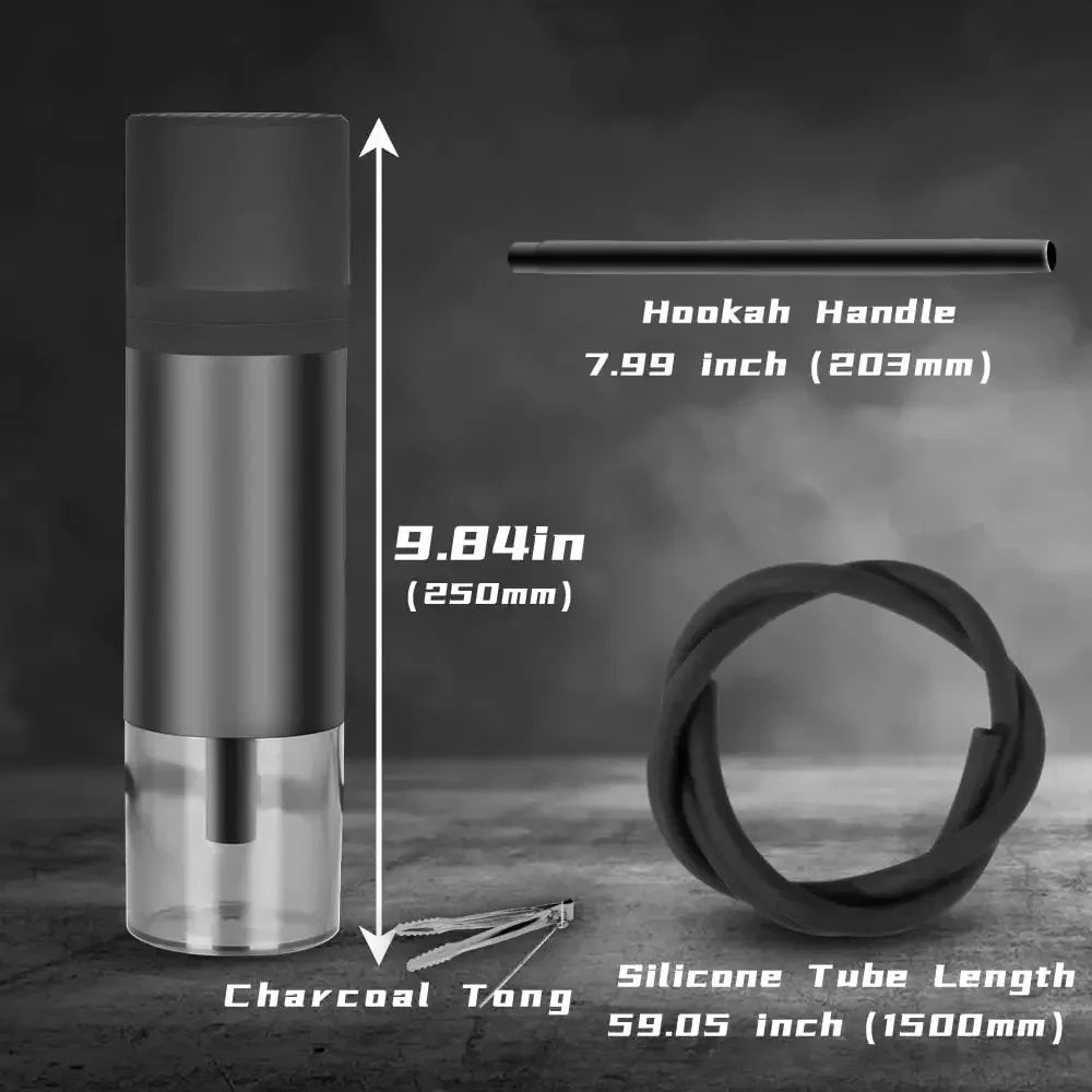 Hookah components with measurements on a dark background