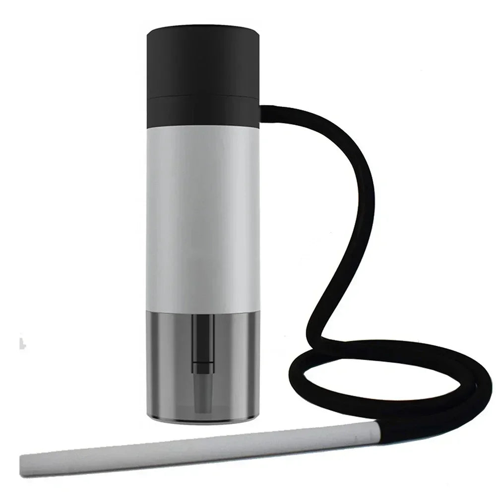 Metallic portable hookah with black handle on a white background