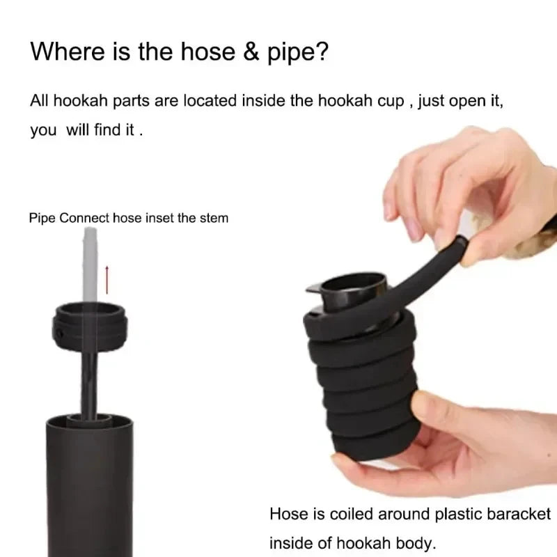 Hookah assembly instructions with a hand holding the hose and pipe