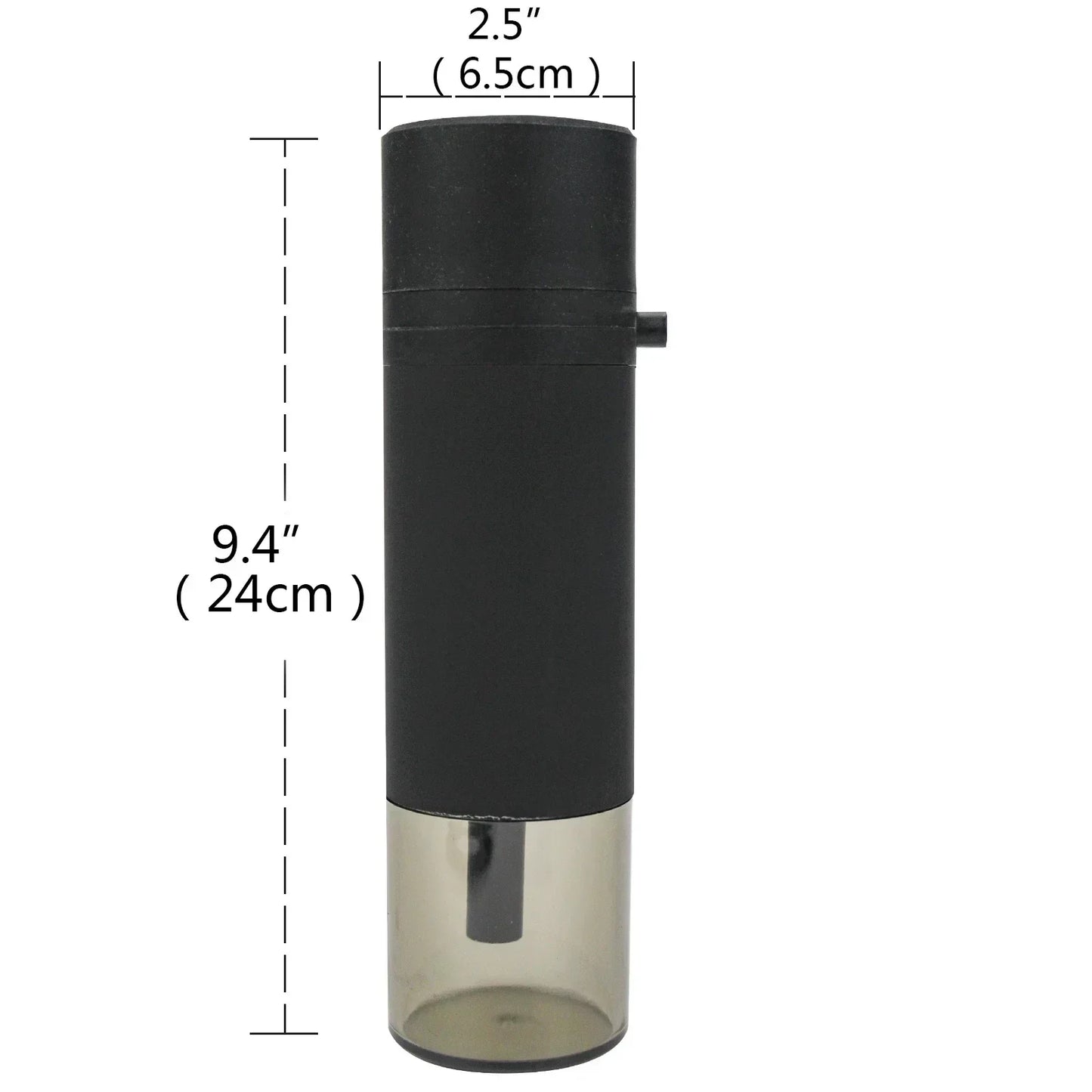 Black and clear cylindrical portable hookah with measurements on a white background