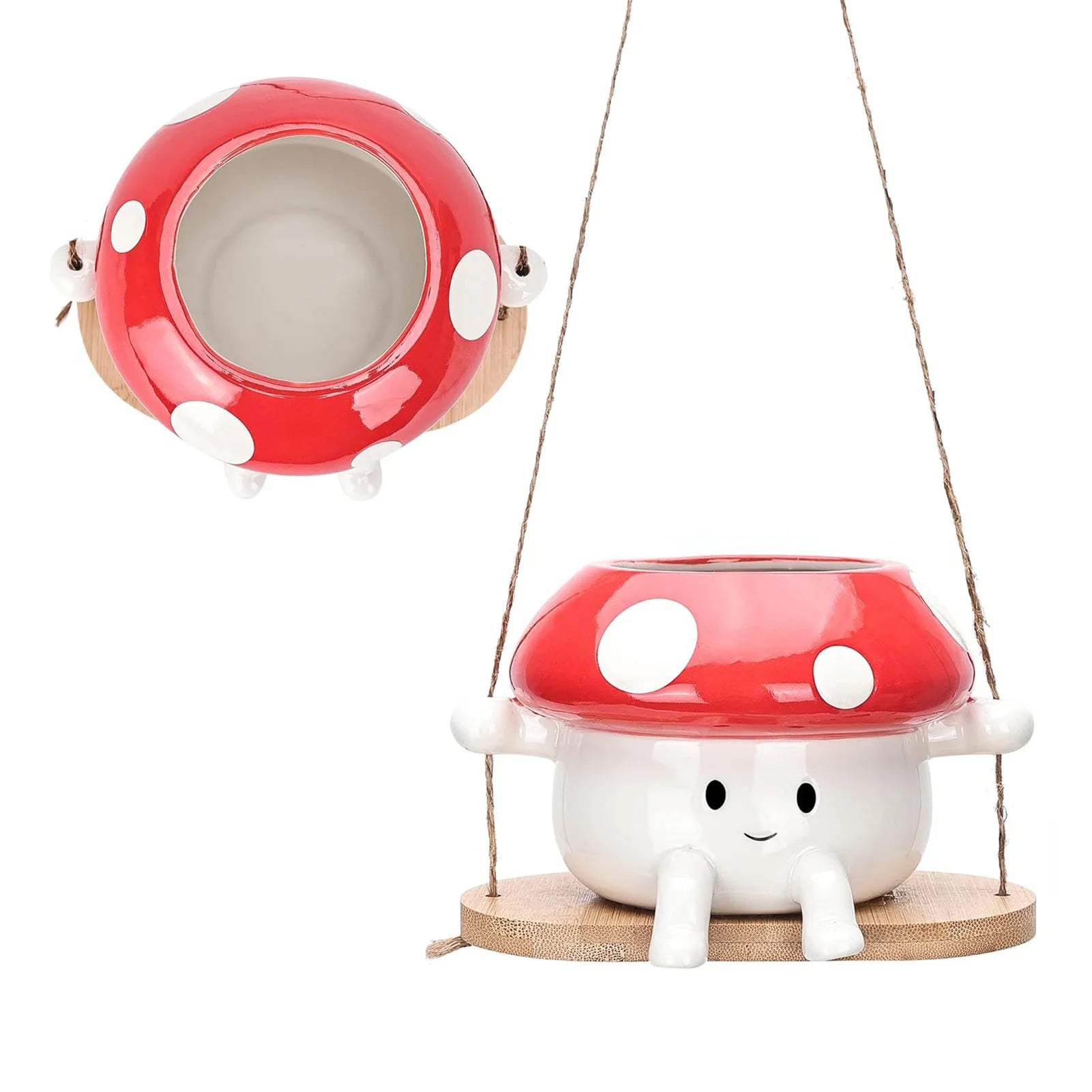 Red and white mushroom-shaped planters swing on a white background
