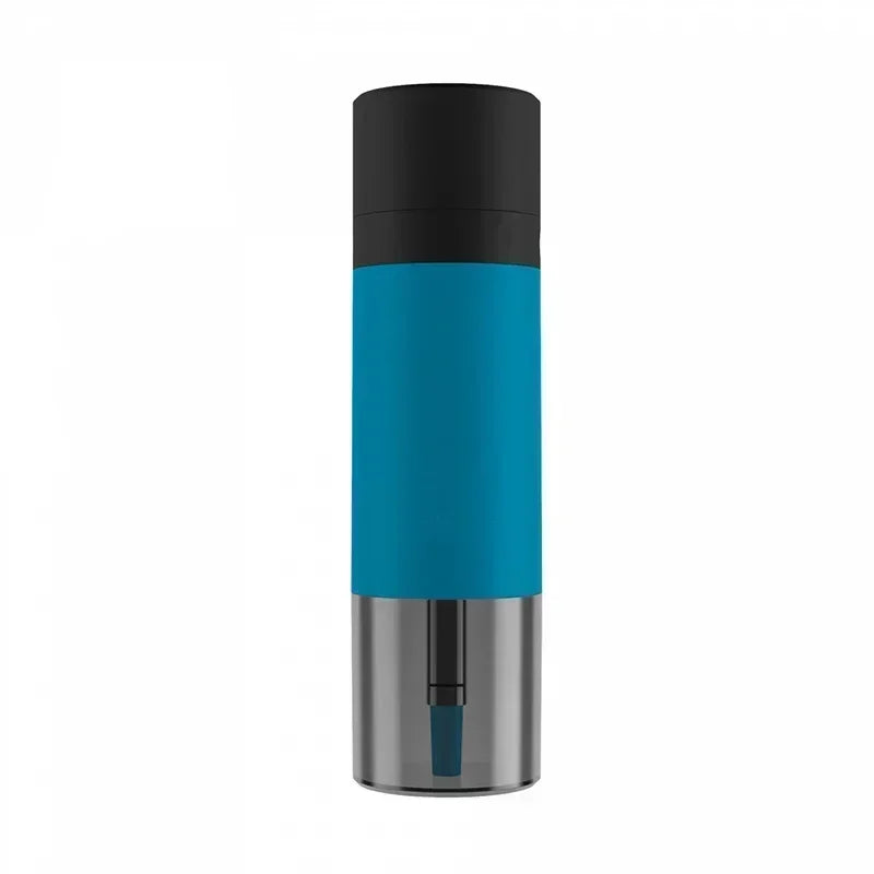 Three-toned cylindrical portable hookah with black, blue, and silver sections on a white background