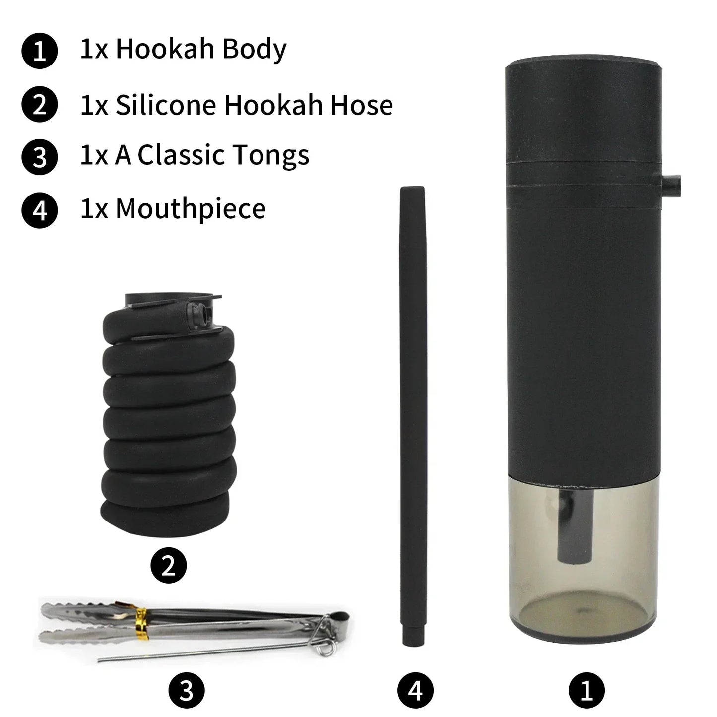 Hookah set with body, silicone hose, tongs, and mouthpiece on a white background.