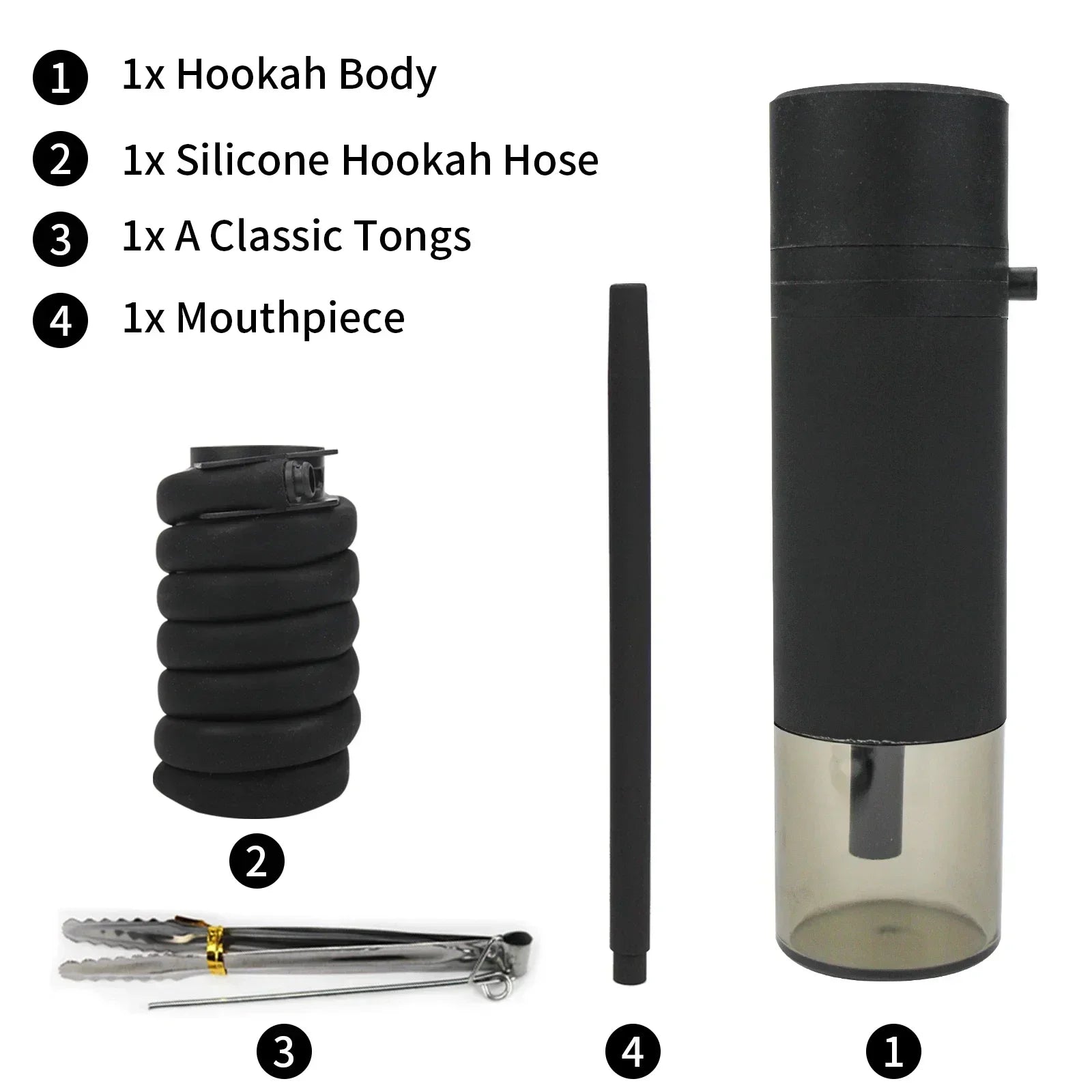 Hookah set with body, silicone hose, tongs, and mouthpiece on a white background.