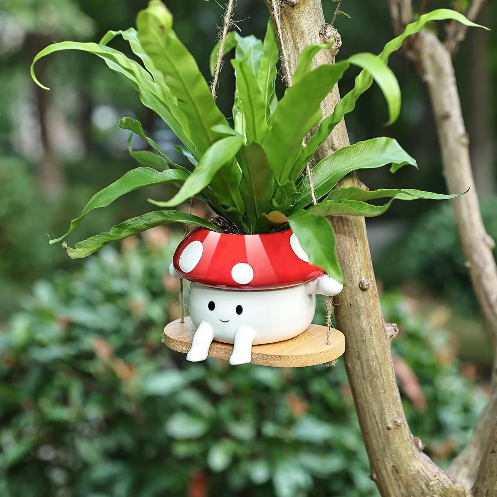 Plants in a mushroom-shaped pot hanging on a tree branch with a blurred green background