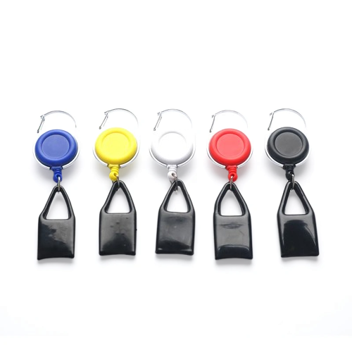 Five black keychains with colorful retractable badge holders.