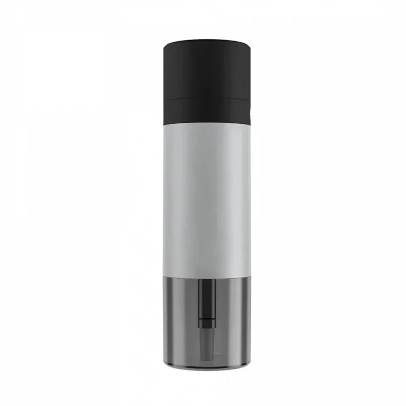 Three-toned cylindrical portable hookah with black, gray, and silver sections on a white background