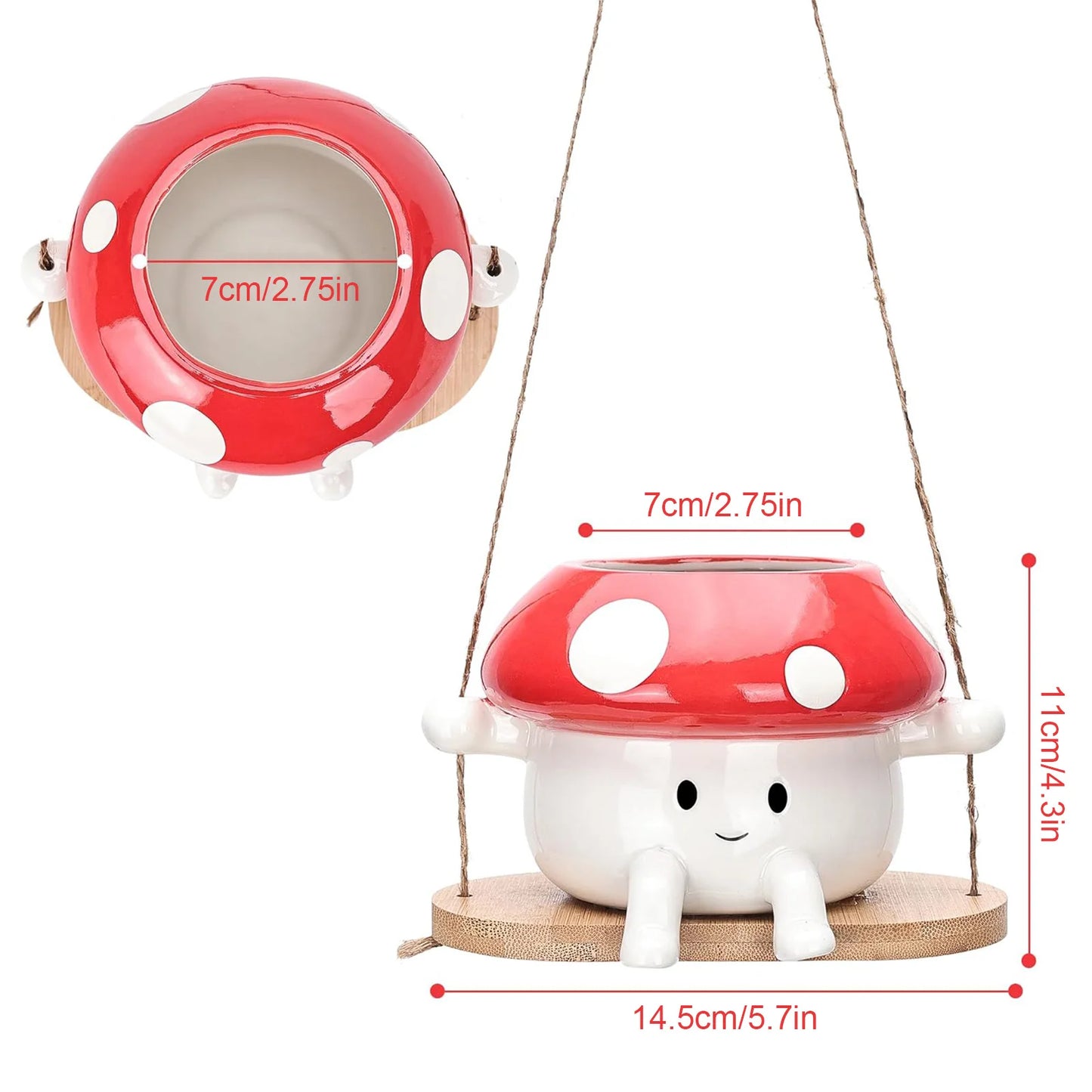 Mushroom-shaped pet swing with dimensions on a white background