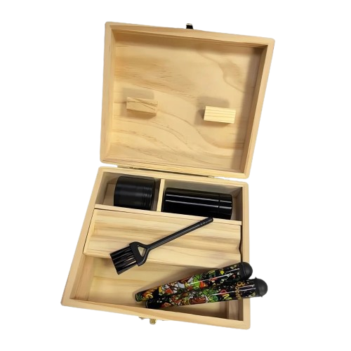 A wooden bamboo stash box with multiple compartments, containing rolling papers, a grinder, and other smoking accessories. The box is open, showing the organized items inside.