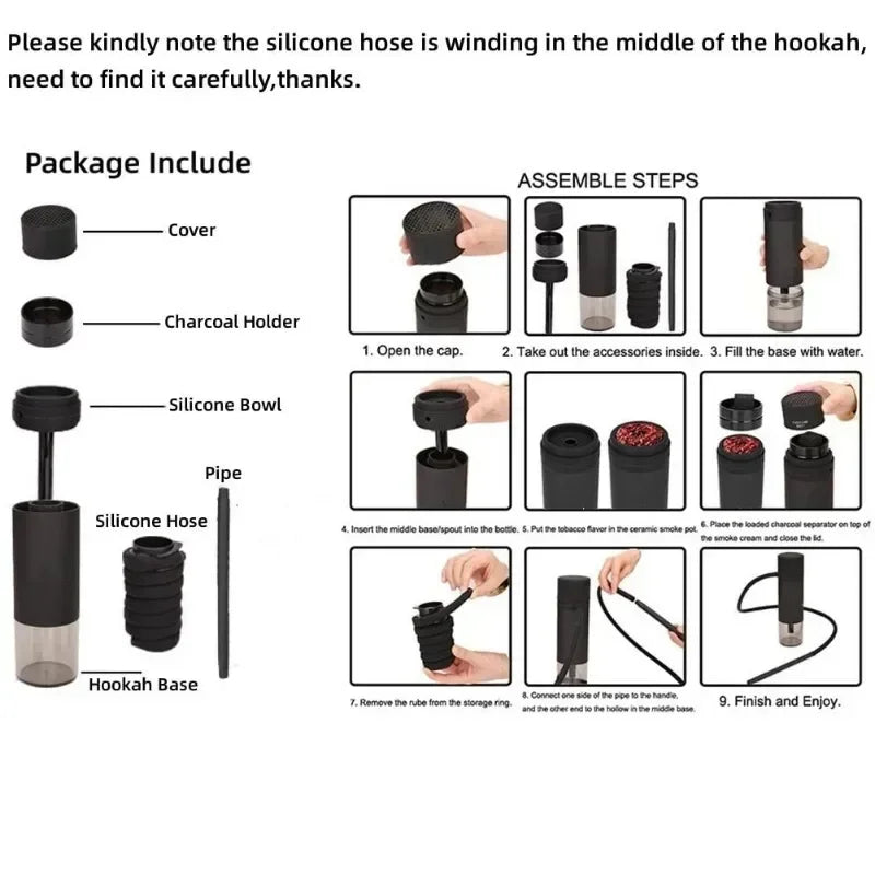 Assembly instructions for a hookah with labeled parts and step-by-step process.