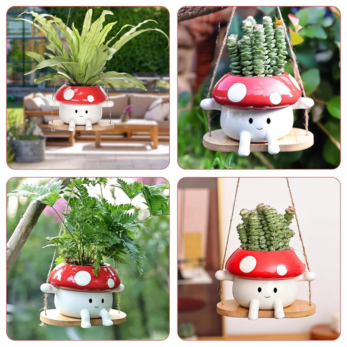 Collage of mushroom-shaped planters with plants in various settings