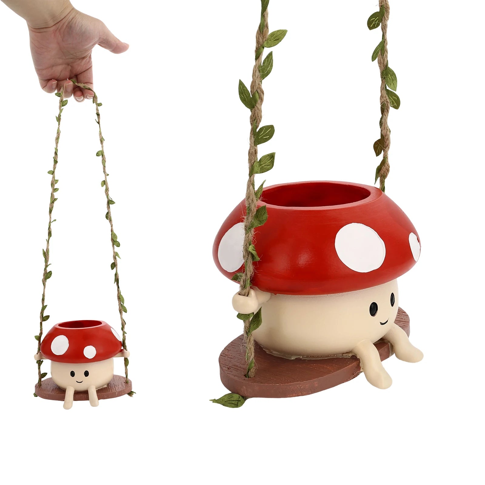 Cute mushroom-shaped planters with a small character on a swing against a white background